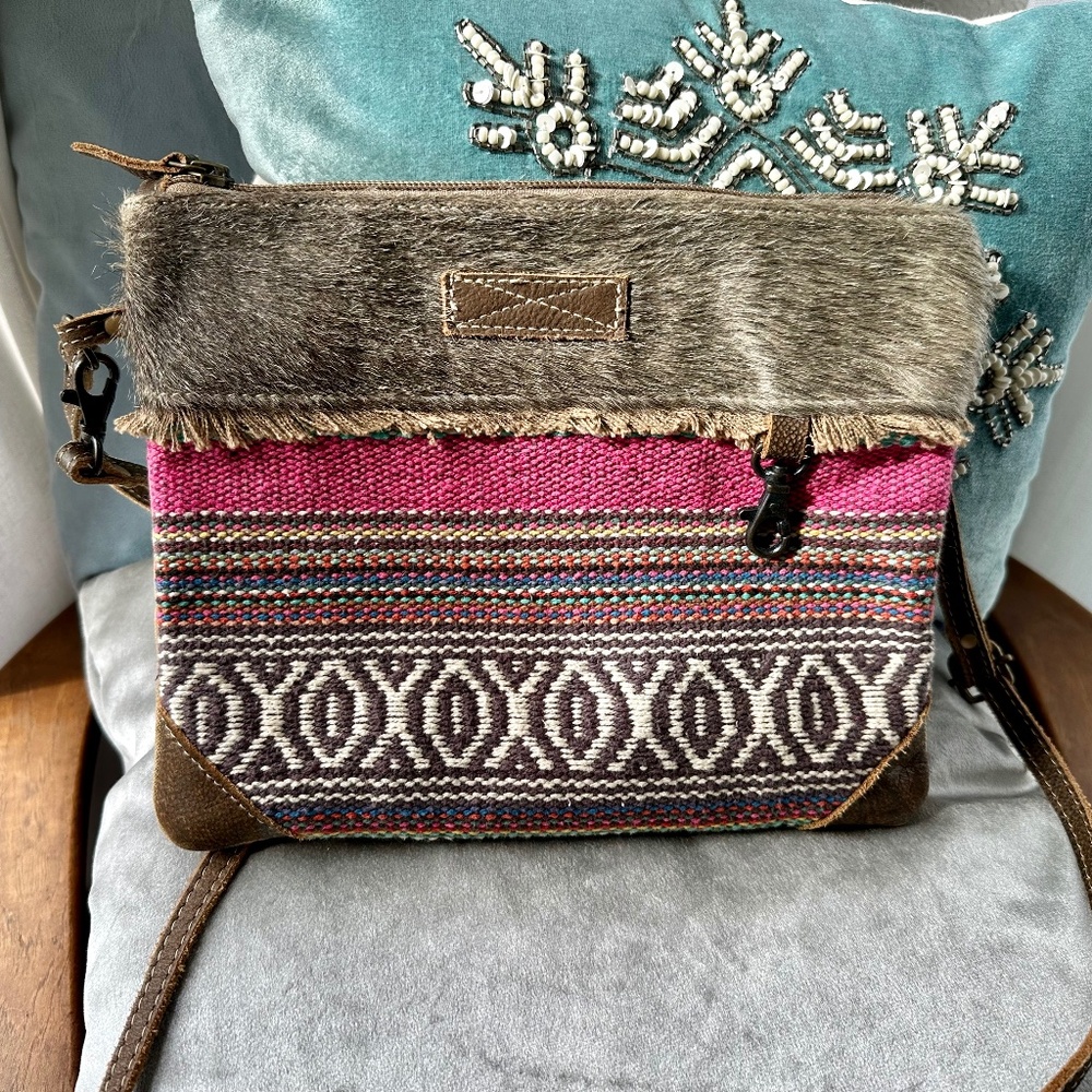 MYRA CROSS BODY BAG Style S-2920 pink with gray hair on hide